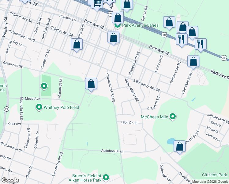 map of restaurants, bars, coffee shops, grocery stores, and more near 1300-1342 Pinehurst Ave in Aiken