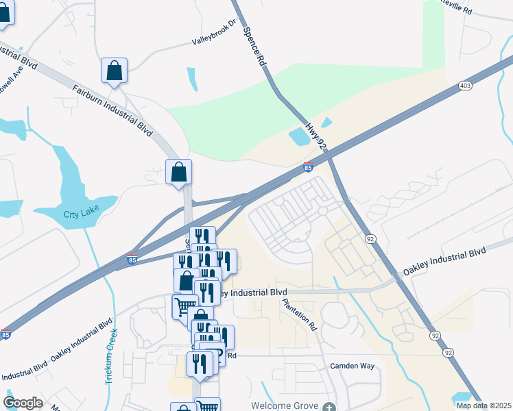 map of restaurants, bars, coffee shops, grocery stores, and more near 5661 Radford Loop in Fairburn