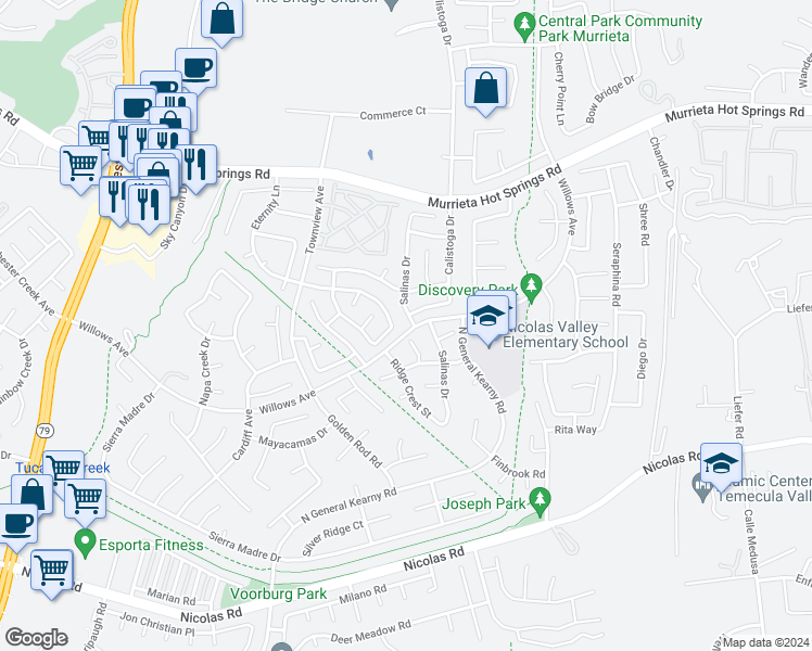 map of restaurants, bars, coffee shops, grocery stores, and more near 39485 Salinas Drive in Murrieta