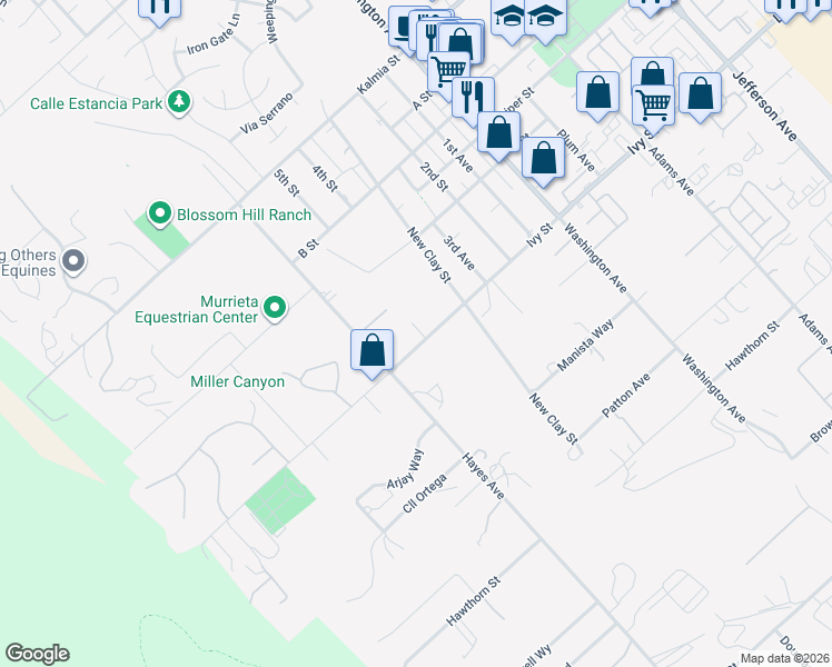 map of restaurants, bars, coffee shops, grocery stores, and more near 42405 Ivy Street in Murrieta