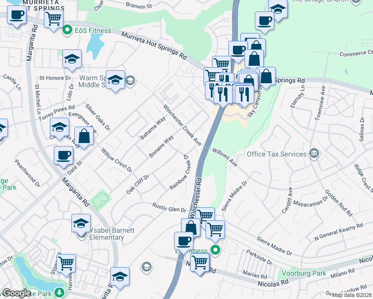 map of restaurants, bars, coffee shops, grocery stores, and more near 39323 Springtime Drive in Temecula