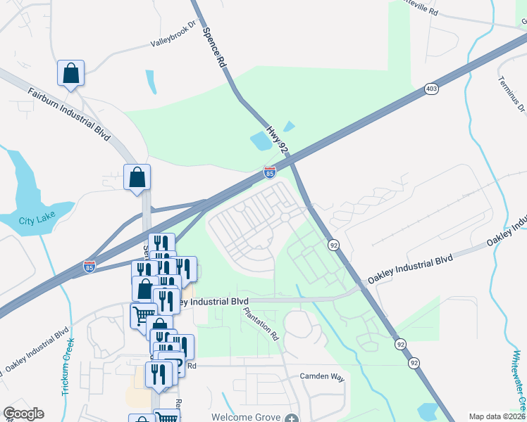 map of restaurants, bars, coffee shops, grocery stores, and more near 318 Avalon Square in Fairburn