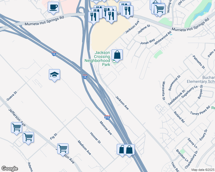 map of restaurants, bars, coffee shops, grocery stores, and more near Jackson Avenue in Murrieta