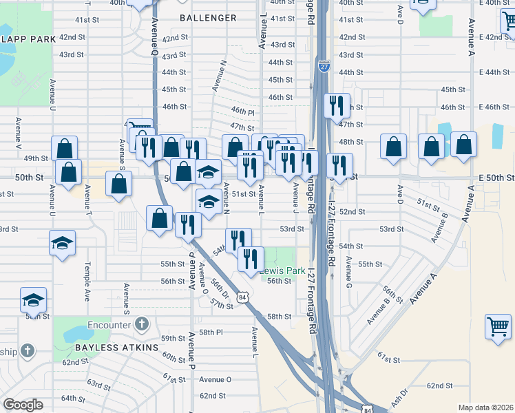 map of restaurants, bars, coffee shops, grocery stores, and more near 1302 52nd Street in Lubbock