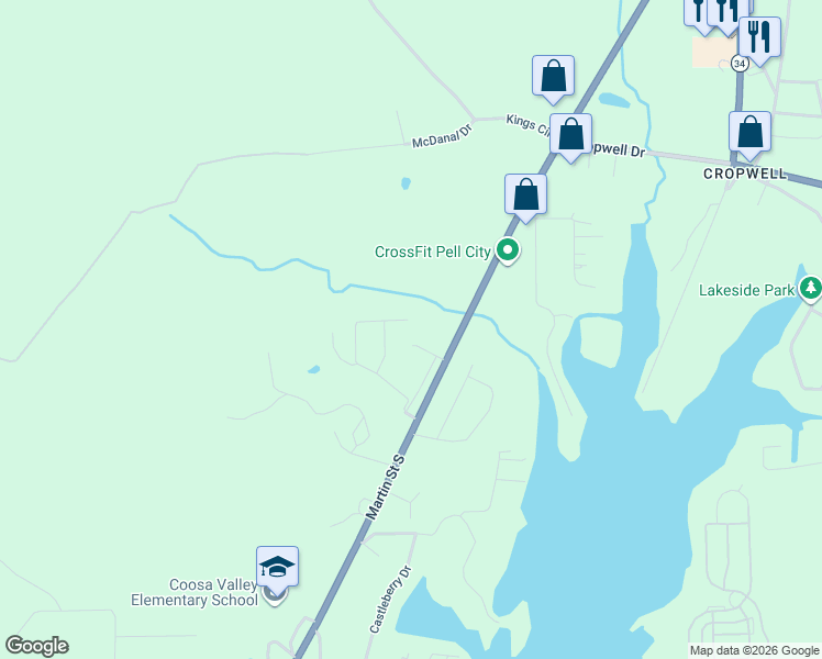 map of restaurants, bars, coffee shops, grocery stores, and more near 3005 Martin Street South in Pell City