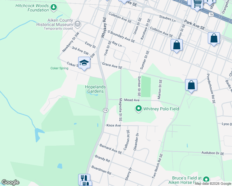 map of restaurants, bars, coffee shops, grocery stores, and more near 627 Magnolia Street Southeast in Aiken