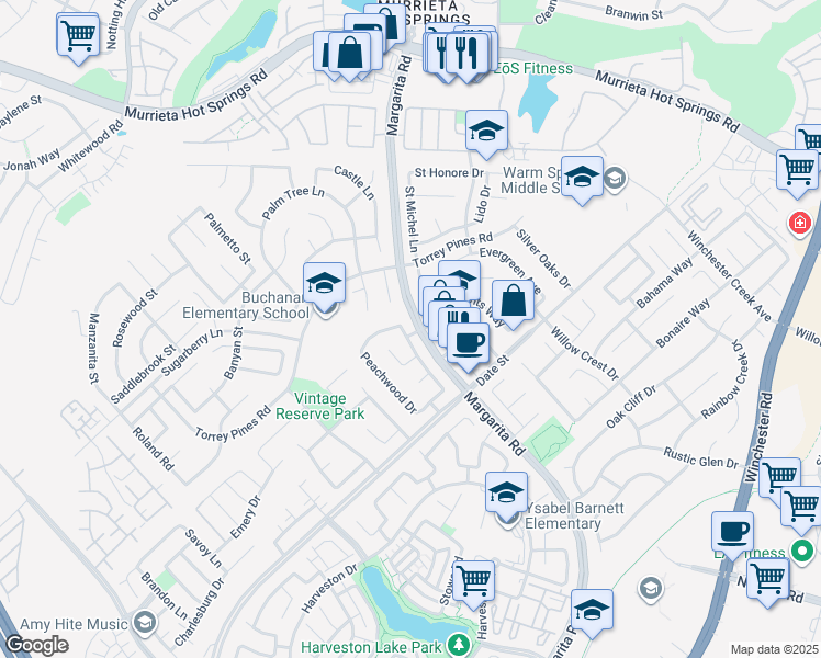 map of restaurants, bars, coffee shops, grocery stores, and more near 26586 Weston Hills Drive in Murrieta