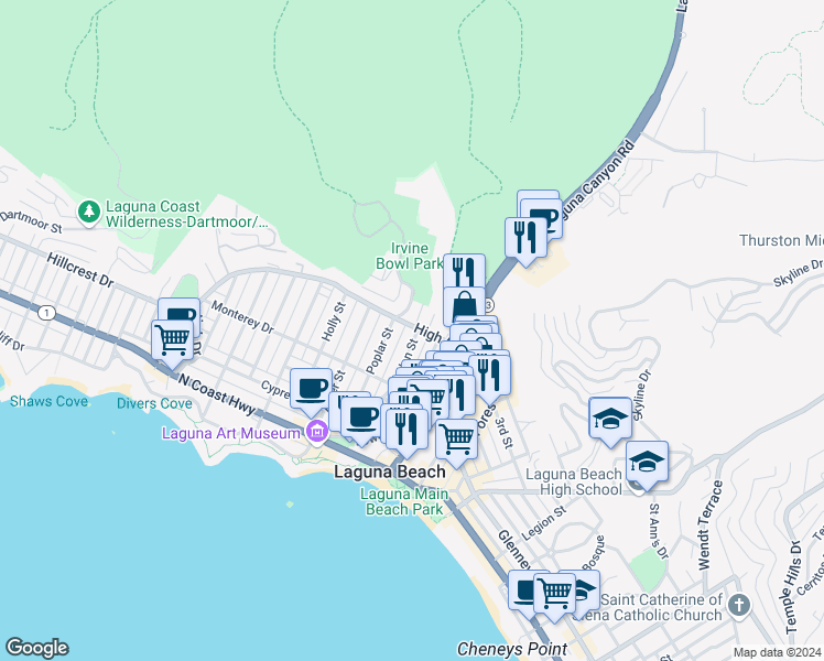 map of restaurants, bars, coffee shops, grocery stores, and more near 205 High Drive in Laguna Beach