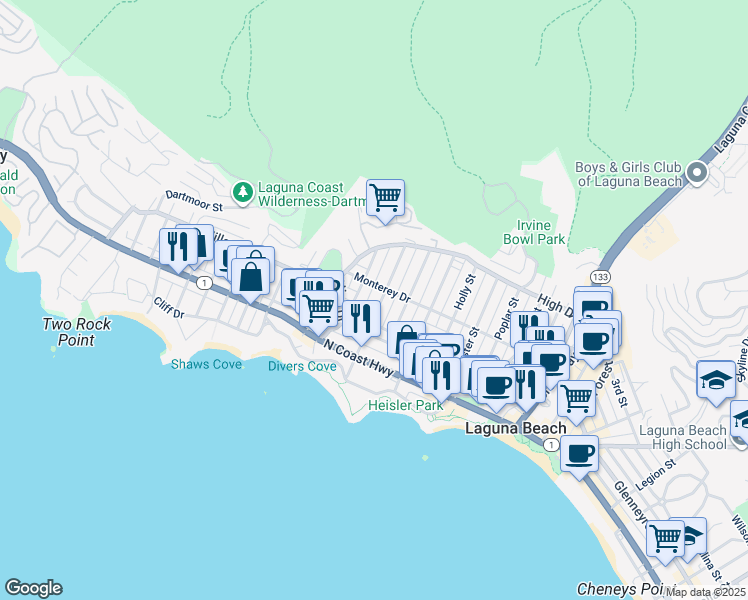 map of restaurants, bars, coffee shops, grocery stores, and more near 369 Hawthorne Road in Laguna Beach