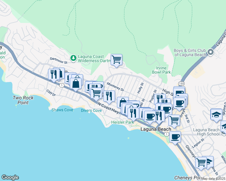 map of restaurants, bars, coffee shops, grocery stores, and more near 376 Myrtle Street in Laguna Beach