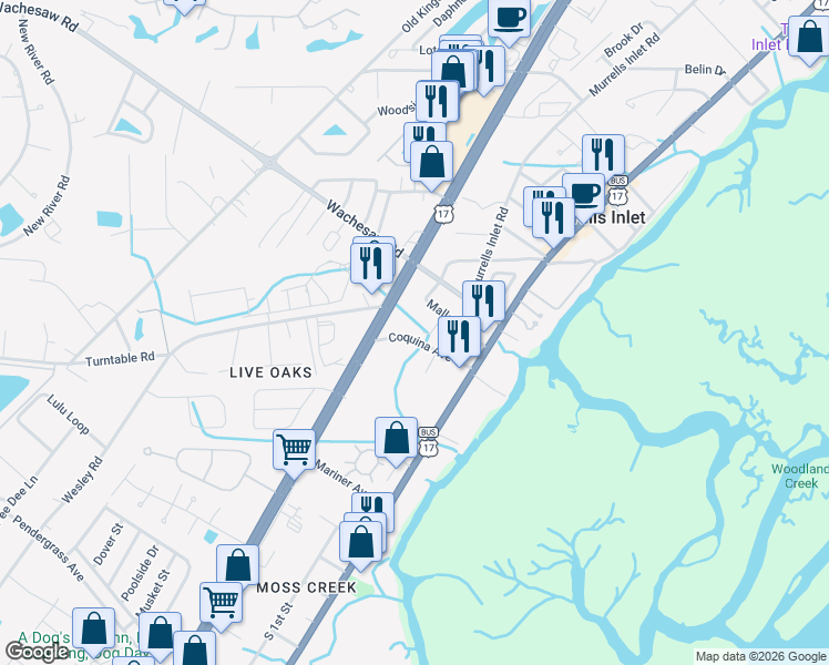 map of restaurants, bars, coffee shops, grocery stores, and more near 646 Coquina Avenue in Murrells Inlet