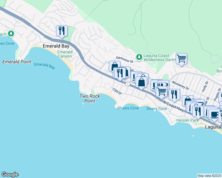map of restaurants, bars, coffee shops, grocery stores, and more near 1301 Cliff Drive in Laguna Beach