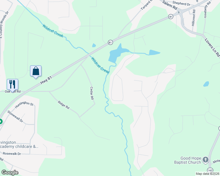 map of restaurants, bars, coffee shops, grocery stores, and more near 210 Lakeside Drive in Covington