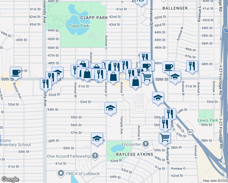 map of restaurants, bars, coffee shops, grocery stores, and more near 5106 Avenue T in Lubbock