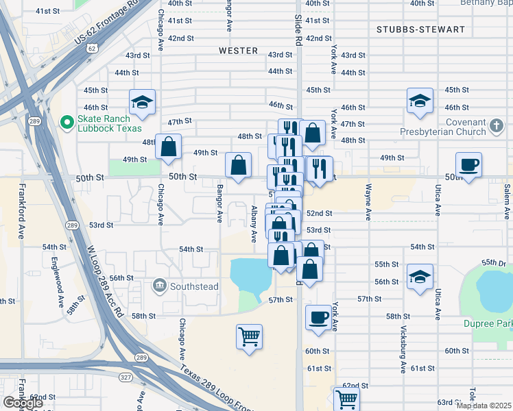 map of restaurants, bars, coffee shops, grocery stores, and more near 5217 51st Street in Lubbock