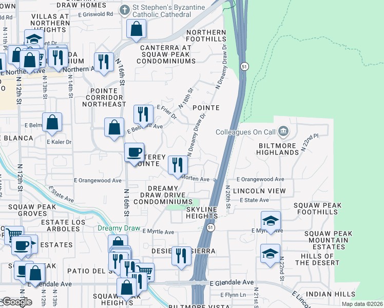 map of restaurants, bars, coffee shops, grocery stores, and more near 7557 North Dreamy Draw Drive in Phoenix