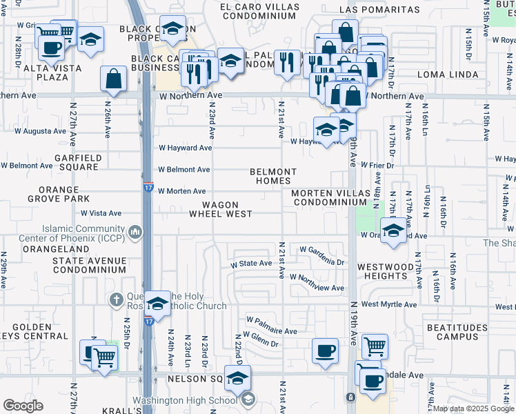 map of restaurants, bars, coffee shops, grocery stores, and more near 2140 West Vista Avenue in Phoenix