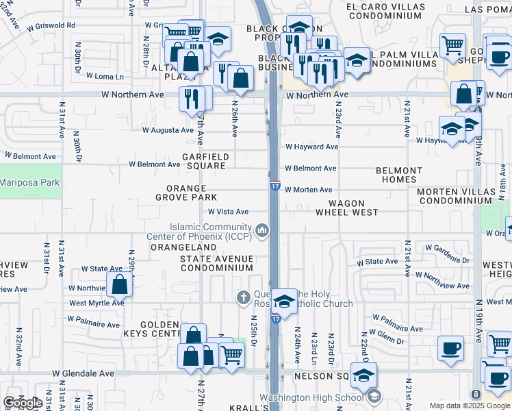 map of restaurants, bars, coffee shops, grocery stores, and more near 2508 West Vista Avenue in Phoenix