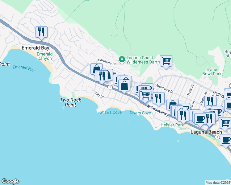 map of restaurants, bars, coffee shops, grocery stores, and more near 1027 North Coast Highway in Laguna Beach