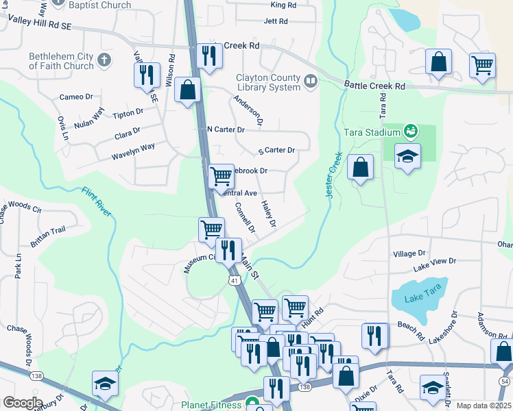 map of restaurants, bars, coffee shops, grocery stores, and more near 7577 Haley Drive in Jonesboro