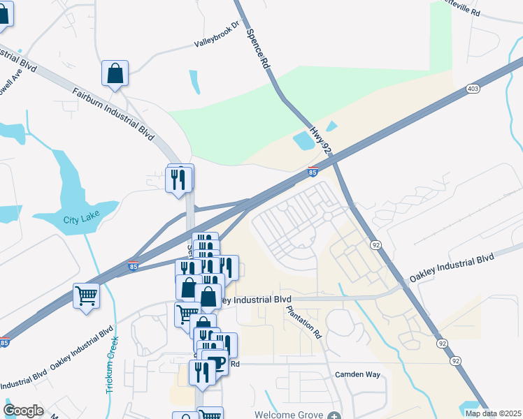 map of restaurants, bars, coffee shops, grocery stores, and more near 5661 Radford Loop in Fairburn