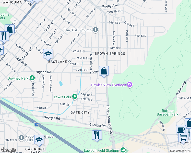 map of restaurants, bars, coffee shops, grocery stores, and more near 6920 Kimberly Avenue in Birmingham