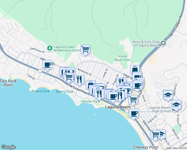 map of restaurants, bars, coffee shops, grocery stores, and more near 416 Jasmine Street in Laguna Beach