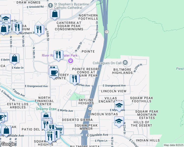 map of restaurants, bars, coffee shops, grocery stores, and more near 7557 North Dreamy Draw Drive in Phoenix
