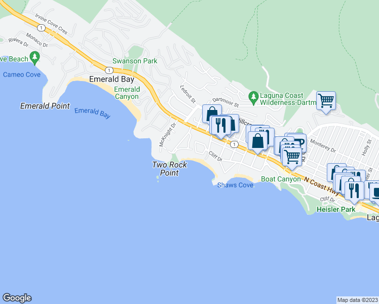 map of restaurants, bars, coffee shops, grocery stores, and more near 287 Crescent Bay Drive in Laguna Beach