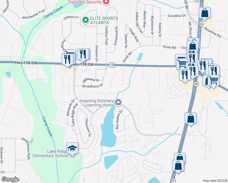 map of restaurants, bars, coffee shops, grocery stores, and more near 1107 Briar Cove Court in Riverdale