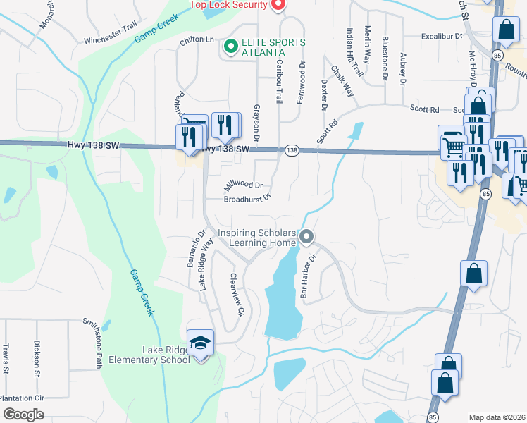 map of restaurants, bars, coffee shops, grocery stores, and more near 7596 Briar Crest Court in Riverdale