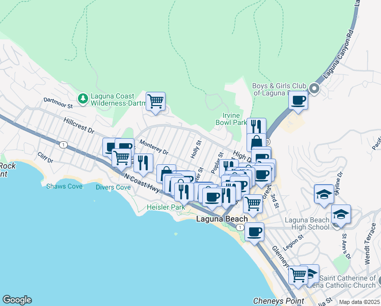 map of restaurants, bars, coffee shops, grocery stores, and more near 432 Holly Street in Laguna Beach