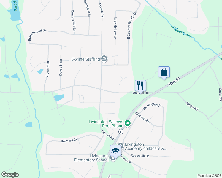 map of restaurants, bars, coffee shops, grocery stores, and more near 224 Oak Hill Road in Covington