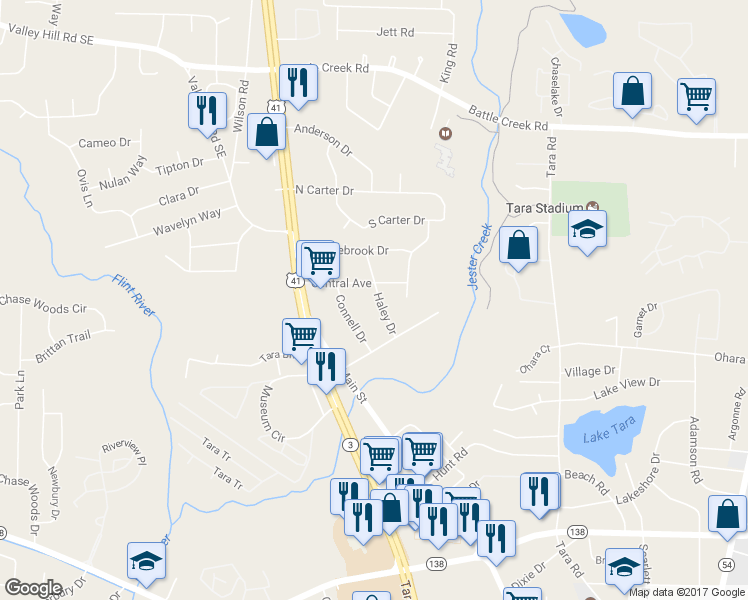 map of restaurants, bars, coffee shops, grocery stores, and more near 7577 Haley Drive in Jonesboro