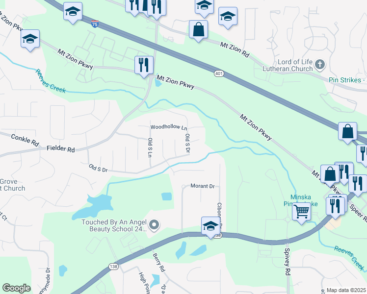 map of restaurants, bars, coffee shops, grocery stores, and more near 2906 Old South Drive in Jonesboro