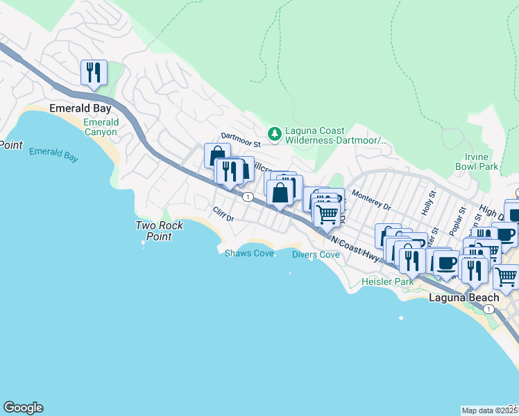 map of restaurants, bars, coffee shops, grocery stores, and more near 1027 North Coast Highway in Laguna Beach