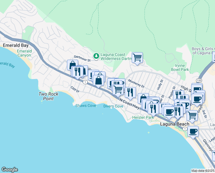 map of restaurants, bars, coffee shops, grocery stores, and more near 231 Beverly Street in Laguna Beach