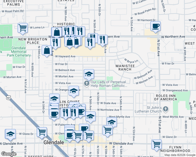 map of restaurants, bars, coffee shops, grocery stores, and more near 5535 West Morten Avenue in Glendale