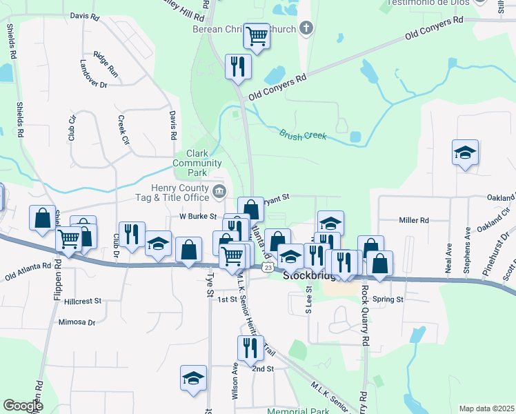 map of restaurants, bars, coffee shops, grocery stores, and more near 123 East Atlanta Road in Stockbridge