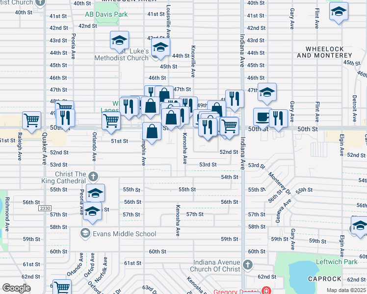 map of restaurants, bars, coffee shops, grocery stores, and more near 5022 Kenosha Avenue in Lubbock