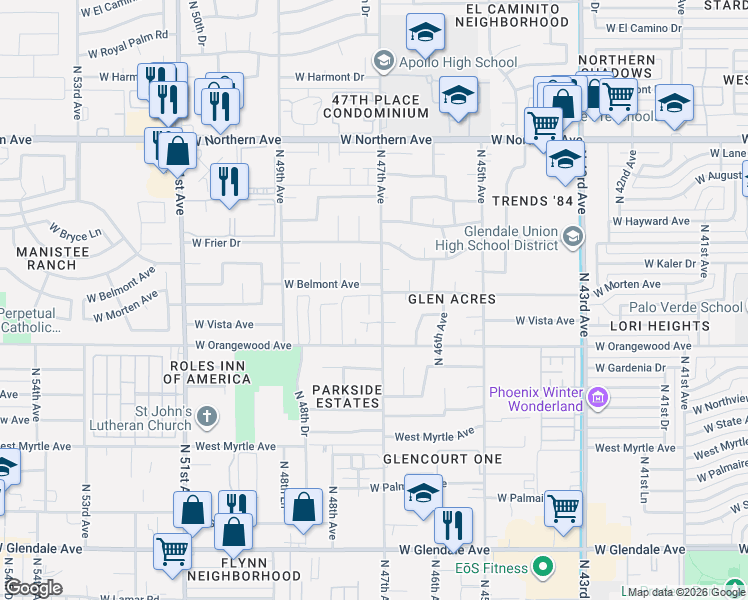 map of restaurants, bars, coffee shops, grocery stores, and more near 7547 North 47th Drive in Glendale