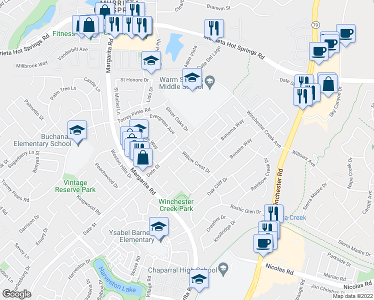 map of restaurants, bars, coffee shops, grocery stores, and more near 39535 Oak Circle in Murrieta