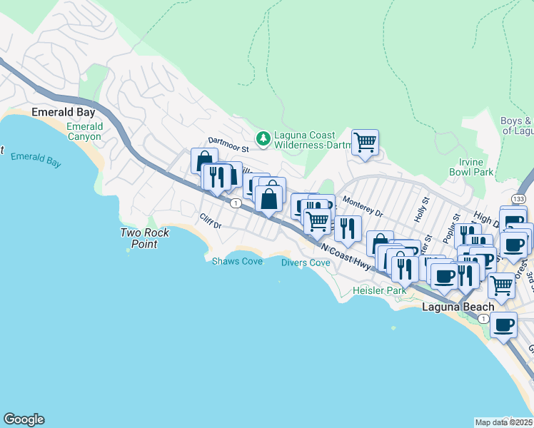map of restaurants, bars, coffee shops, grocery stores, and more near 200 Wave Street in Laguna Beach