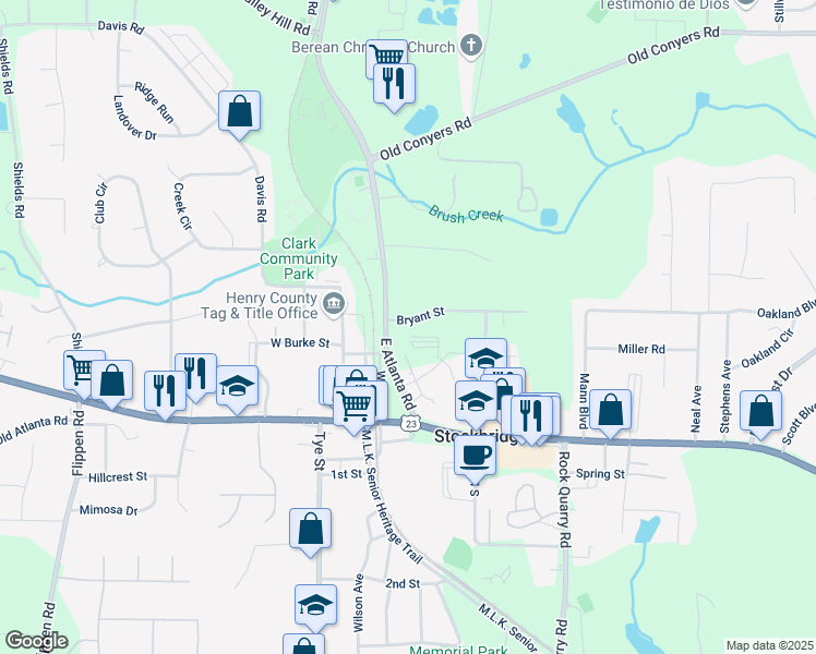 map of restaurants, bars, coffee shops, grocery stores, and more near 123 East Atlanta Road in Stockbridge