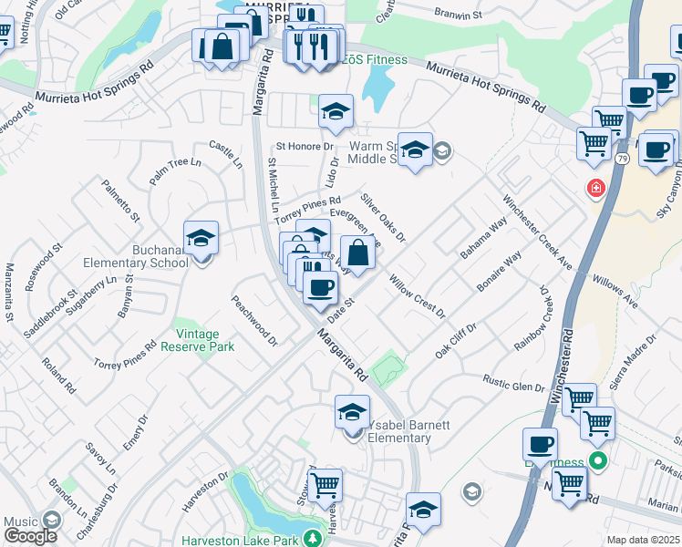 map of restaurants, bars, coffee shops, grocery stores, and more near 39723 Clements Way in Murrieta