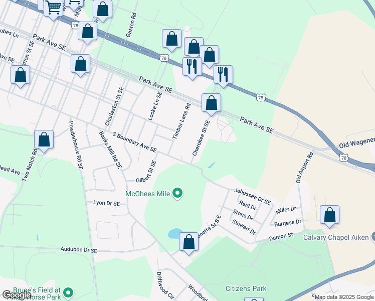map of restaurants, bars, coffee shops, grocery stores, and more near 1850 South Boundary Avenue Southeast in Aiken