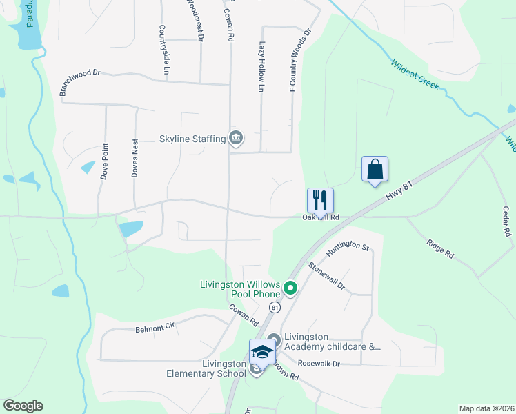 map of restaurants, bars, coffee shops, grocery stores, and more near 224 Oak Hill Road in Covington