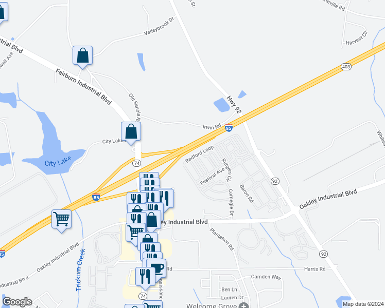map of restaurants, bars, coffee shops, grocery stores, and more near 5655 Radford Loop in Fairburn