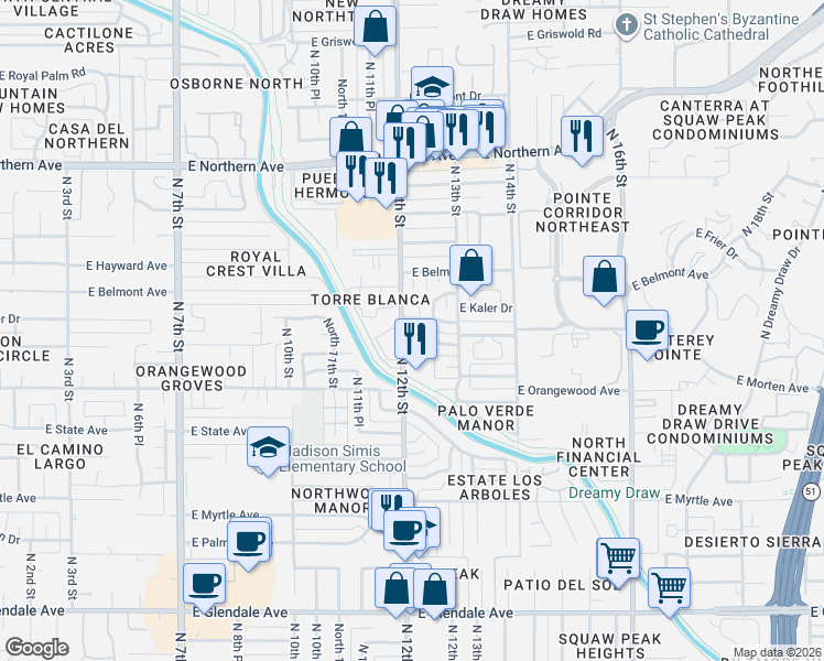 map of restaurants, bars, coffee shops, grocery stores, and more near 1211 East Kaler Drive in Phoenix