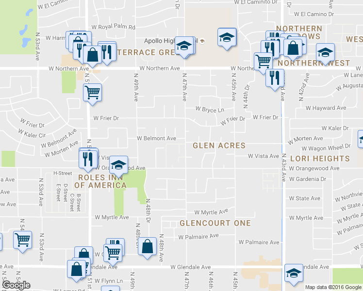 map of restaurants, bars, coffee shops, grocery stores, and more near 4731 West Morten Avenue in Glendale